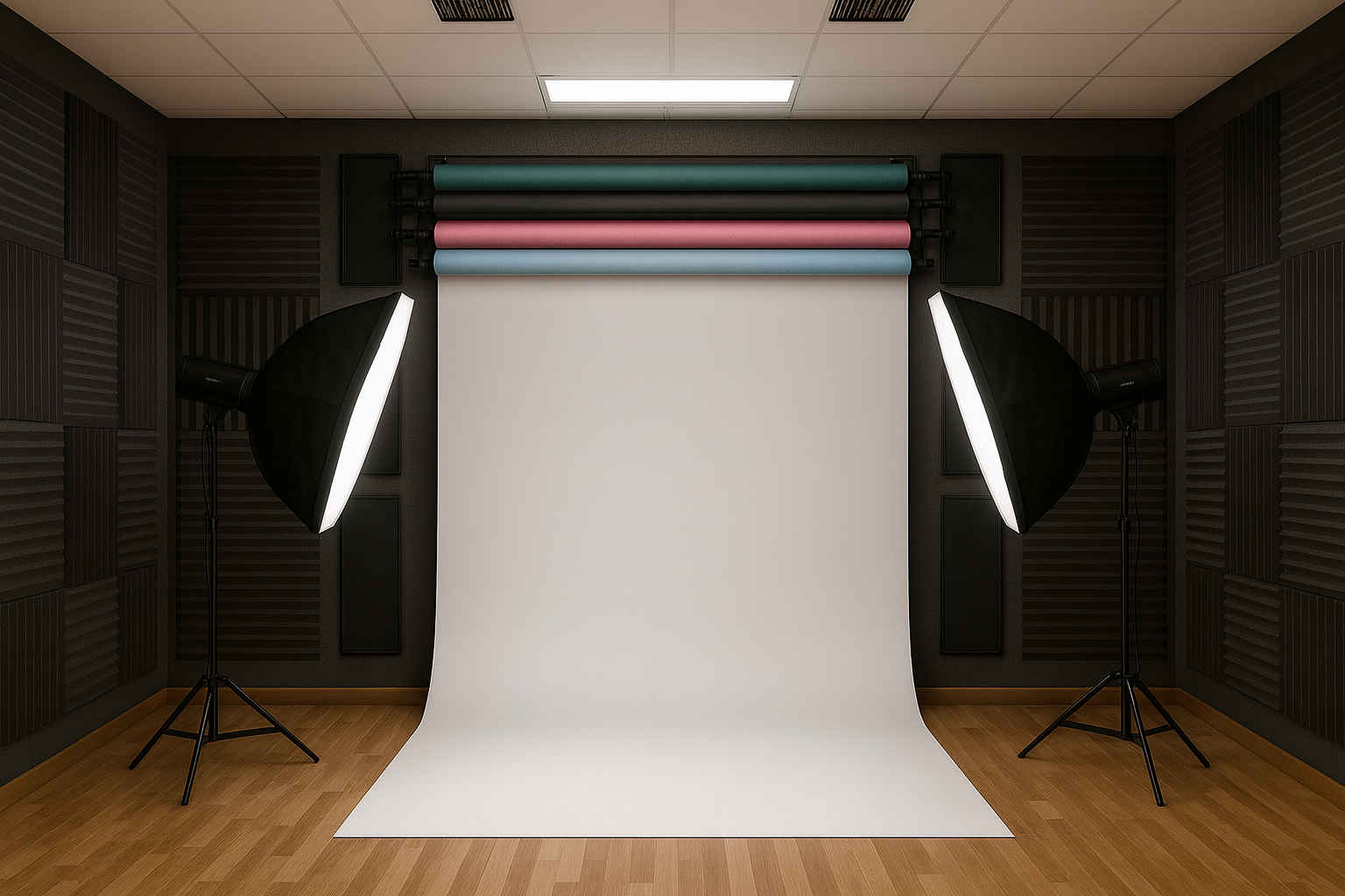 Recording studio with lighting, camera spots, and a seated setup