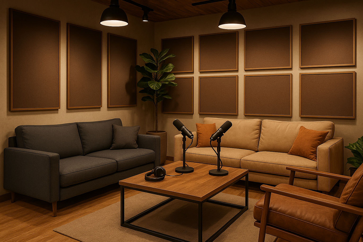 Podcast table setup with multiple microphones