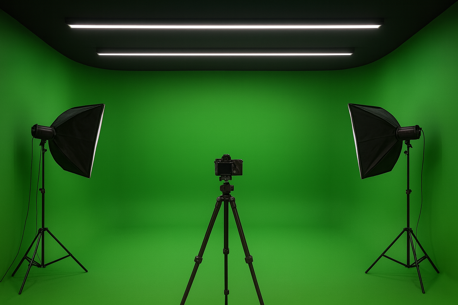 Large cyclorama green screen studio with seamless wall and floor