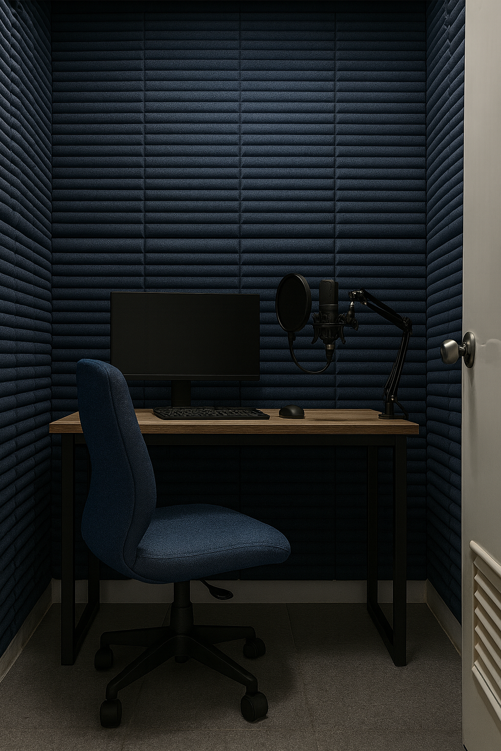 Sound-isolated voiceover booth with close-mic setup